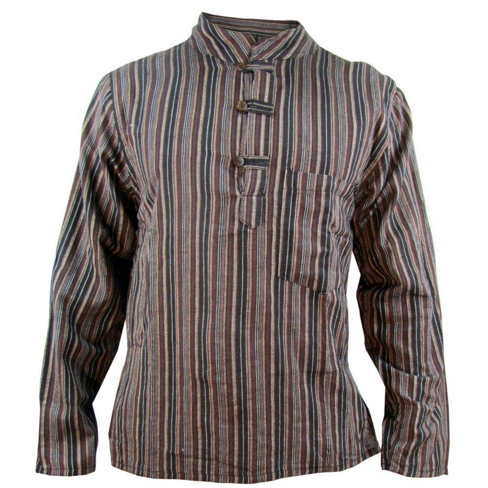 Gheri Men's Brown Striped Cotton Light Grandad Shirt Kurtas X-Large