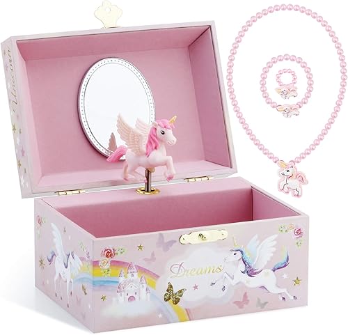 RR ROUND RICH DESIGN Joyero musical con purpurina y juego de joyas para niñas pequeñas con unicornio giratorio y arco iris color rosa