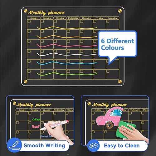 Miniatura 4 de WALGLASS Calendario acrílico para nevera, 12 x 16 pulgadas, pizarra magnética magnética de acrílico transparente dorado para refrigerador, juego de