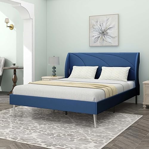 Base de cama de plataforma tapizada Queen con cabecera con respaldo de ala, base de colchón, soporte de listones de madera, no necesita somier, para
