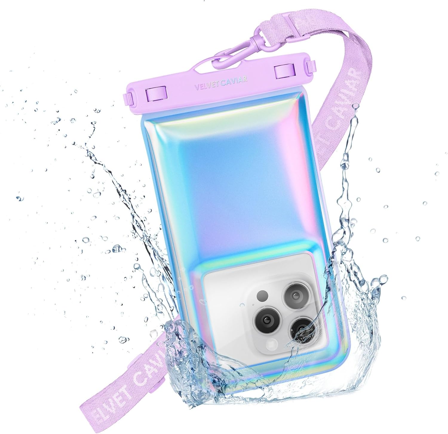VELVET CAVIAR Waterproof Phone Pouch with Lanyard | IP68 Floating Case for iPhone & All Phones | Dry Bag for Snorkeling, Beach, Kayaking | Travel & Cruise Essentials for Women (Lavender Holo)