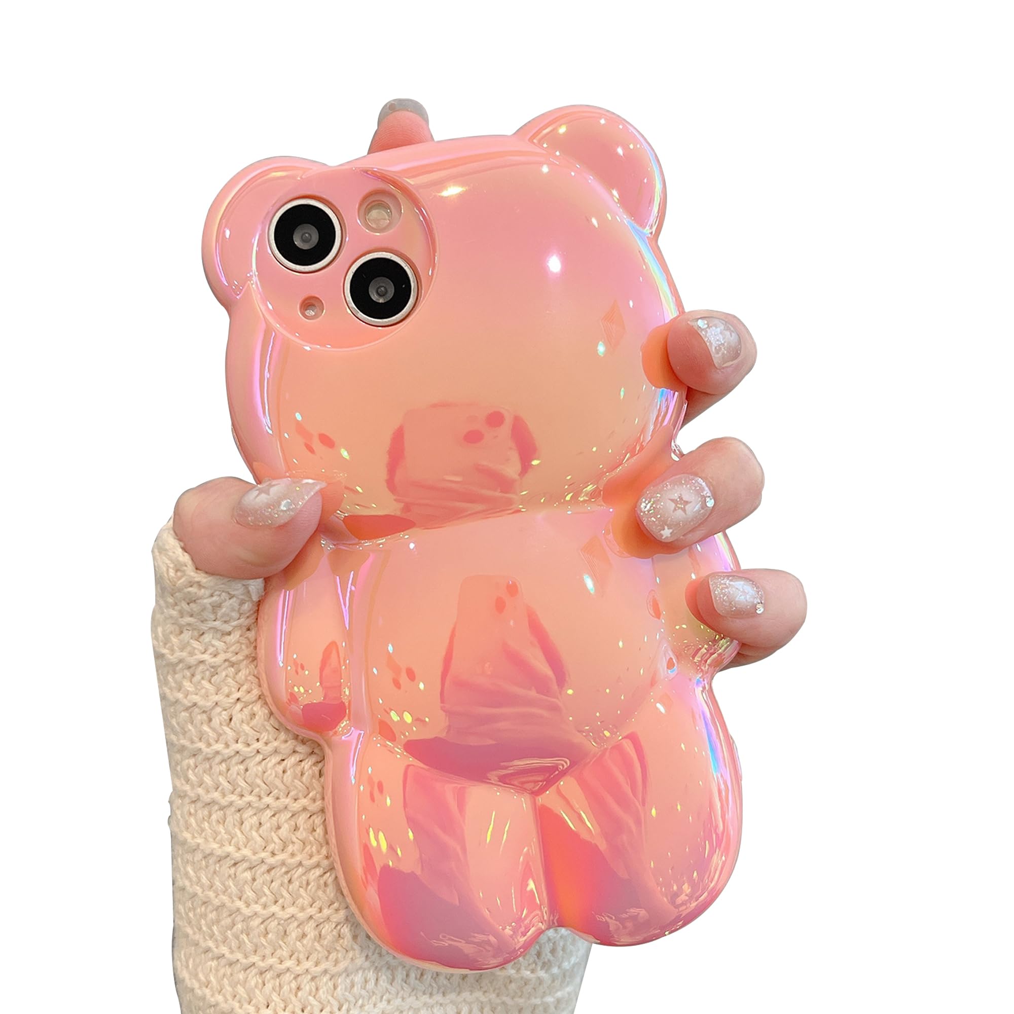YWYUHE Bear Phone Case - Compatible with iPhone 15 Pro Max, Cute 3D Pink Holographic Bear Case, Shockproof Kpop Cartoon Case for Women & Girls