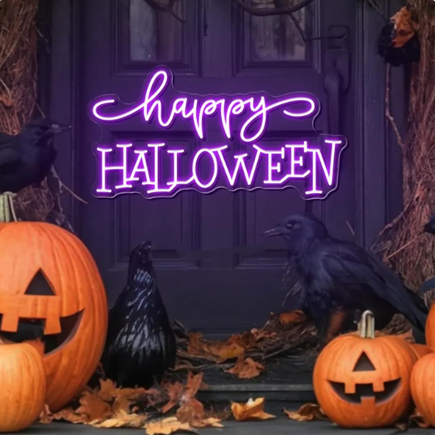Large Happy Halloween Neon Sign, Custom LED Neon Light with Dimmable Switch and Hanging Chain, Family Spooky Party Wall Art Decor, Holiday Home Decoration, Gift for Halloween Party — image 1