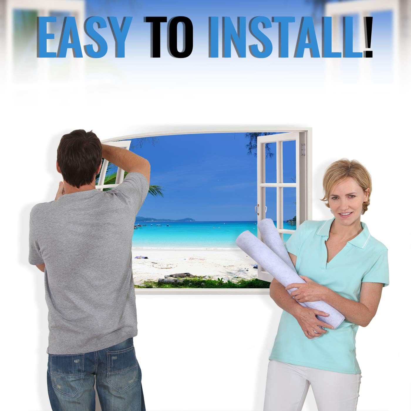 Realistic Window Wall Decal – Peel and Stick Nautical Decor for Living Room, Bedroom, Office, Playroom – Beach Wall Murals Removable Window Frame Style Ocean Wall Art – Vinyl Poster Wall Stickers