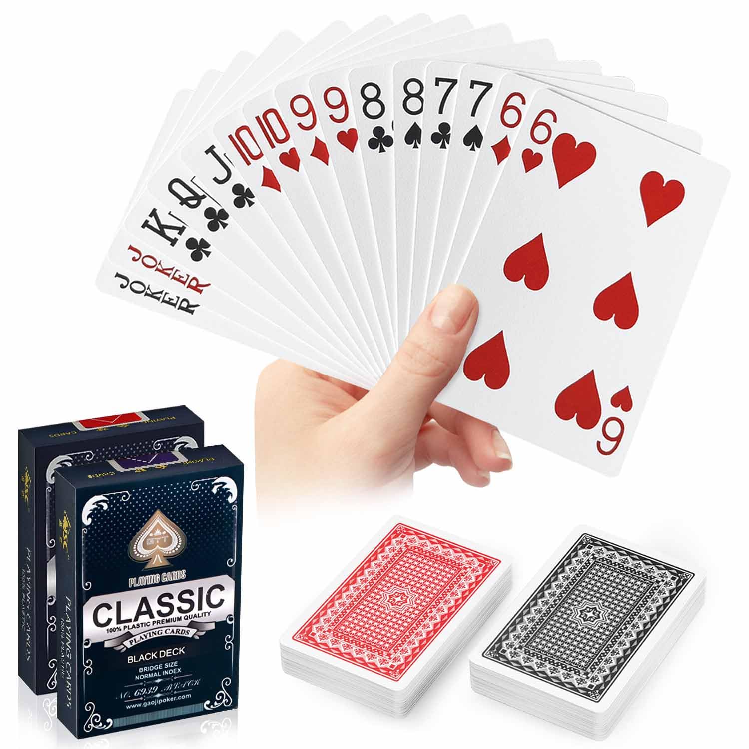 Waterproof Plastic Playing Cards 2 Pack, Red and Black Poker Cards, Washable & Durable Poker Cards for Tarot, UNO, Blackjack, Canasta Card Games, Perfect for Pool Games, Beach, Camping Games