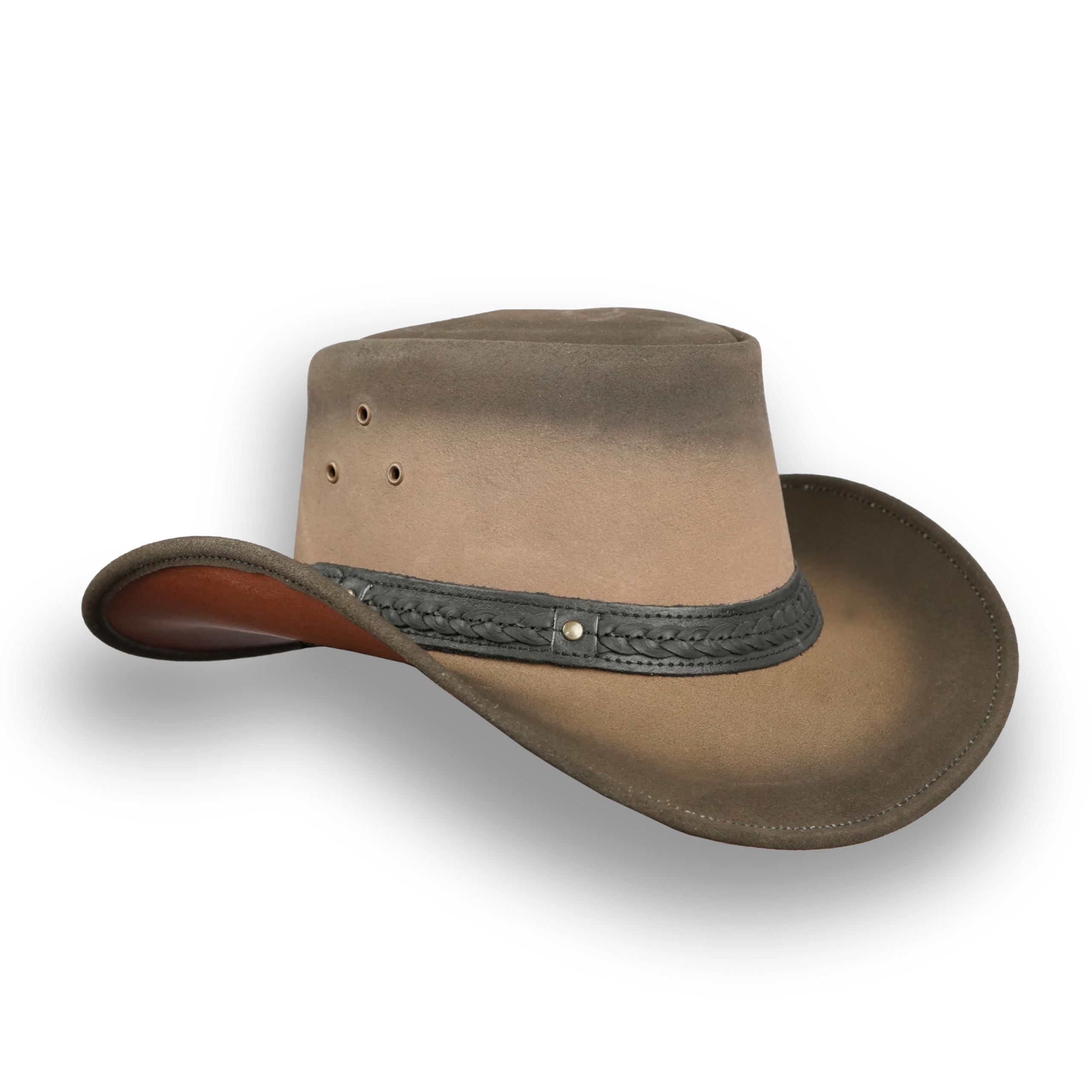Leatherick Cowboyhut für Herren – Western Aussie Style Outback-Hüte aus echtem Crazy Horse-Leder mit Kinnriemen