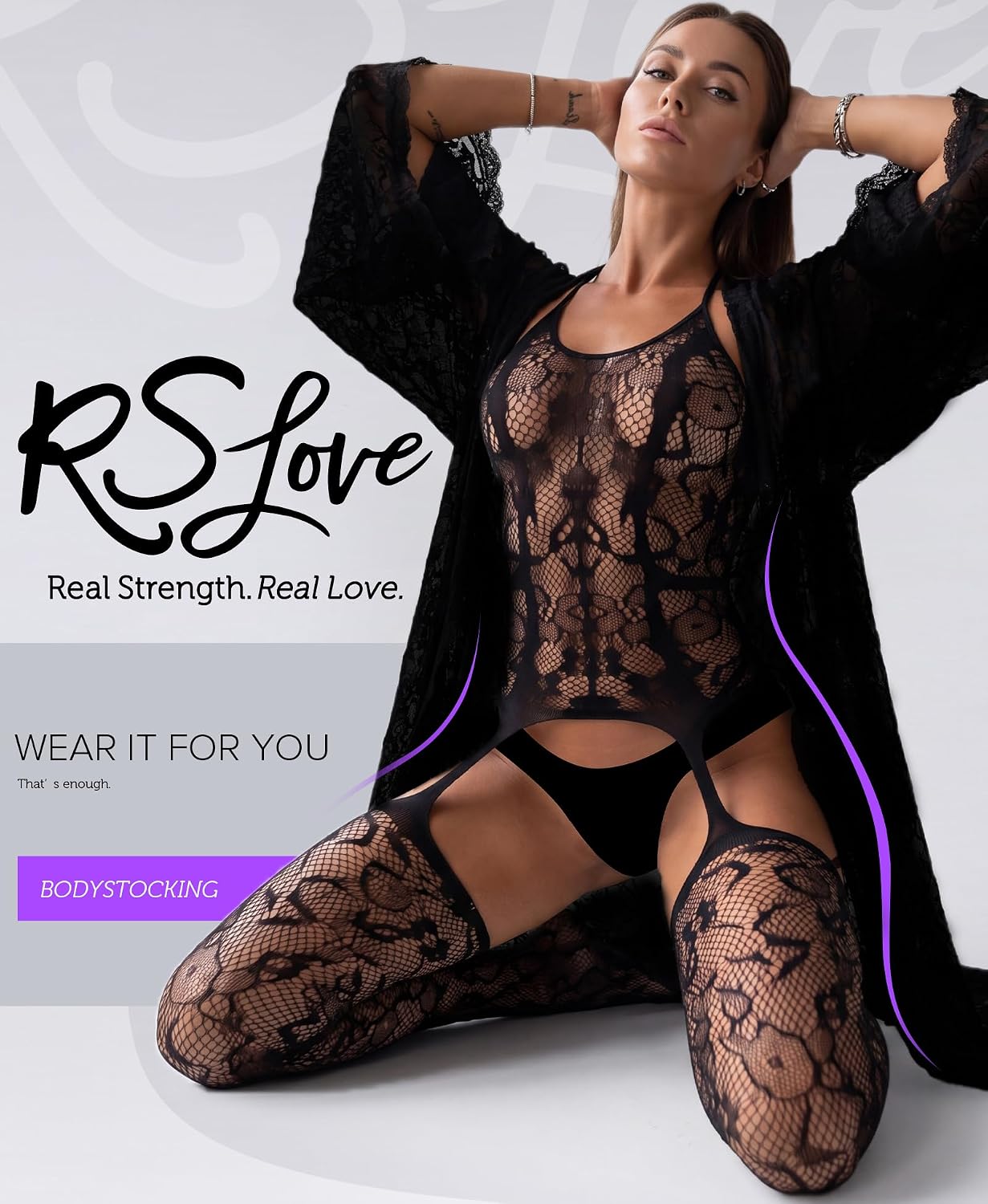 RSLOVE Women Fishnet Bodystocking Attached Stockings Sexy Lingerie Crotchless Bodysuit One Piece Babydoll One Size