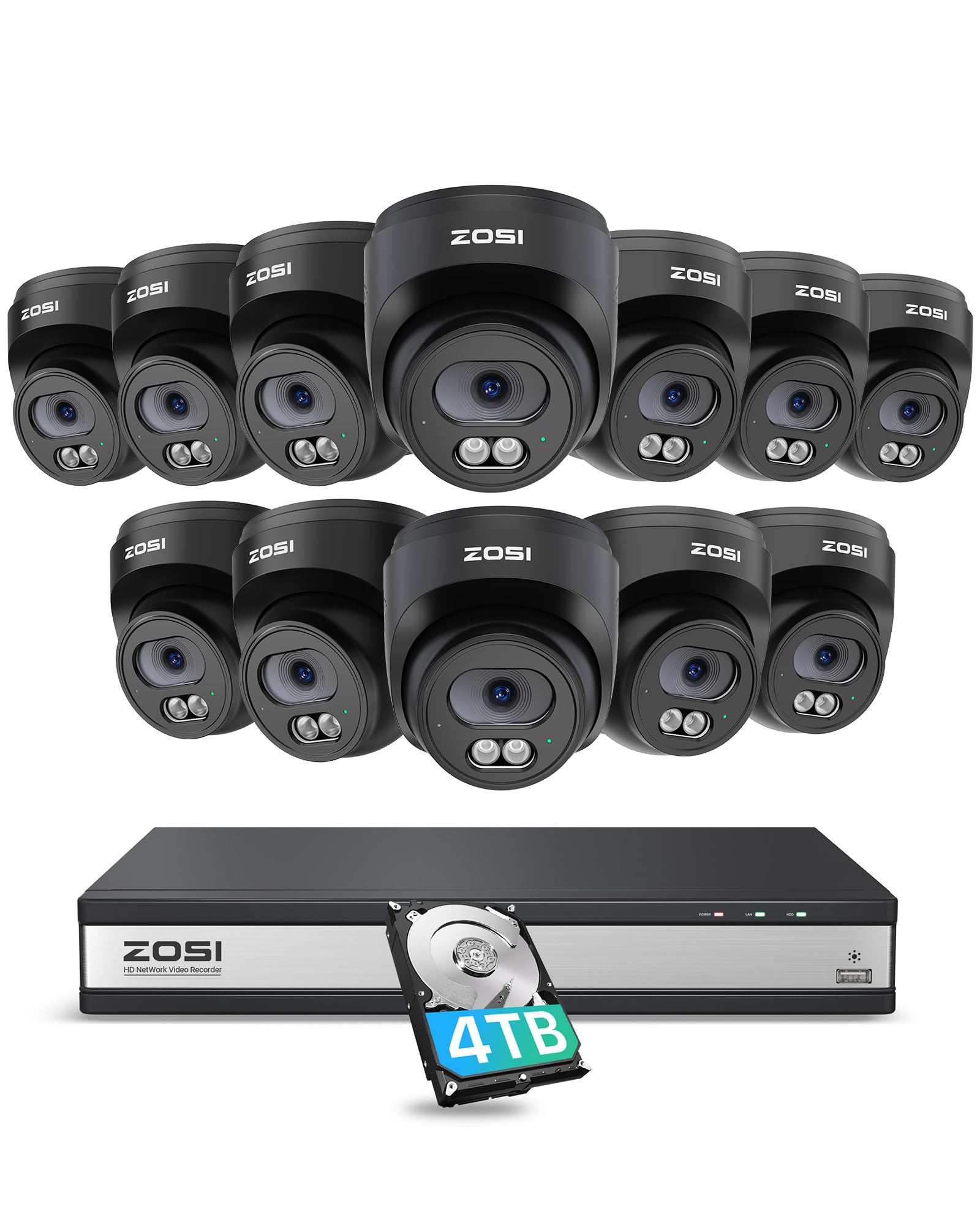 ZOSI C220 16CH 4K PoE Home Security Camera System, 16 Channel 4K 8MP NVR with 4TB HDD for 24/7 Record, 12 x 4MP(1440p) QHD 2.5K Dome IP Cameras