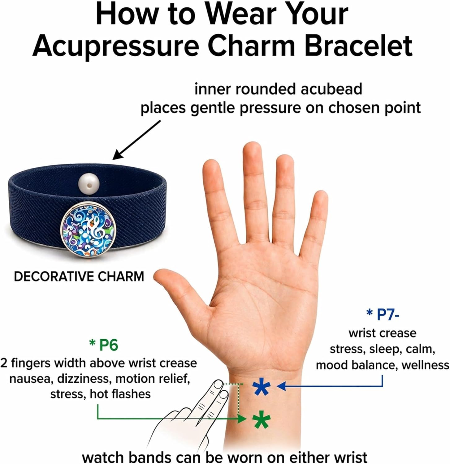 Acupressure Nausea Relief Bracelets - Stress Fidget & Motion Sickness Bands for Morning Sickness, Seasickness - Stylish Charm Wristbands with Rotating Worry Stone - Set of 2 Blue Music Note