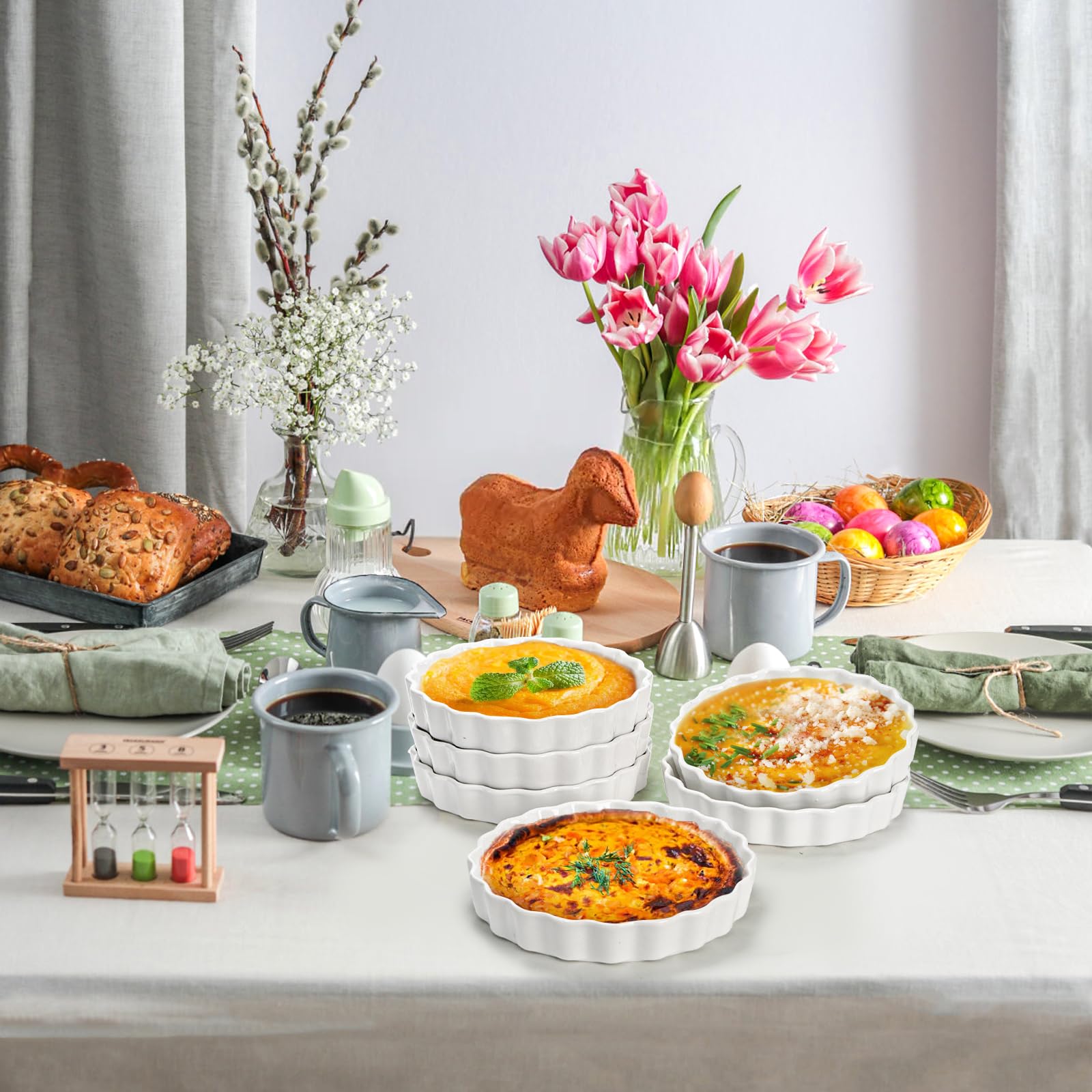 Foraineam Paquete de 10 ramequines de crema brulee de 8 onzas, platos redondos estriados para quiche de 6 pulgadas, bandeja de porcelana para hornear poco profunda, apta para horno para hornear