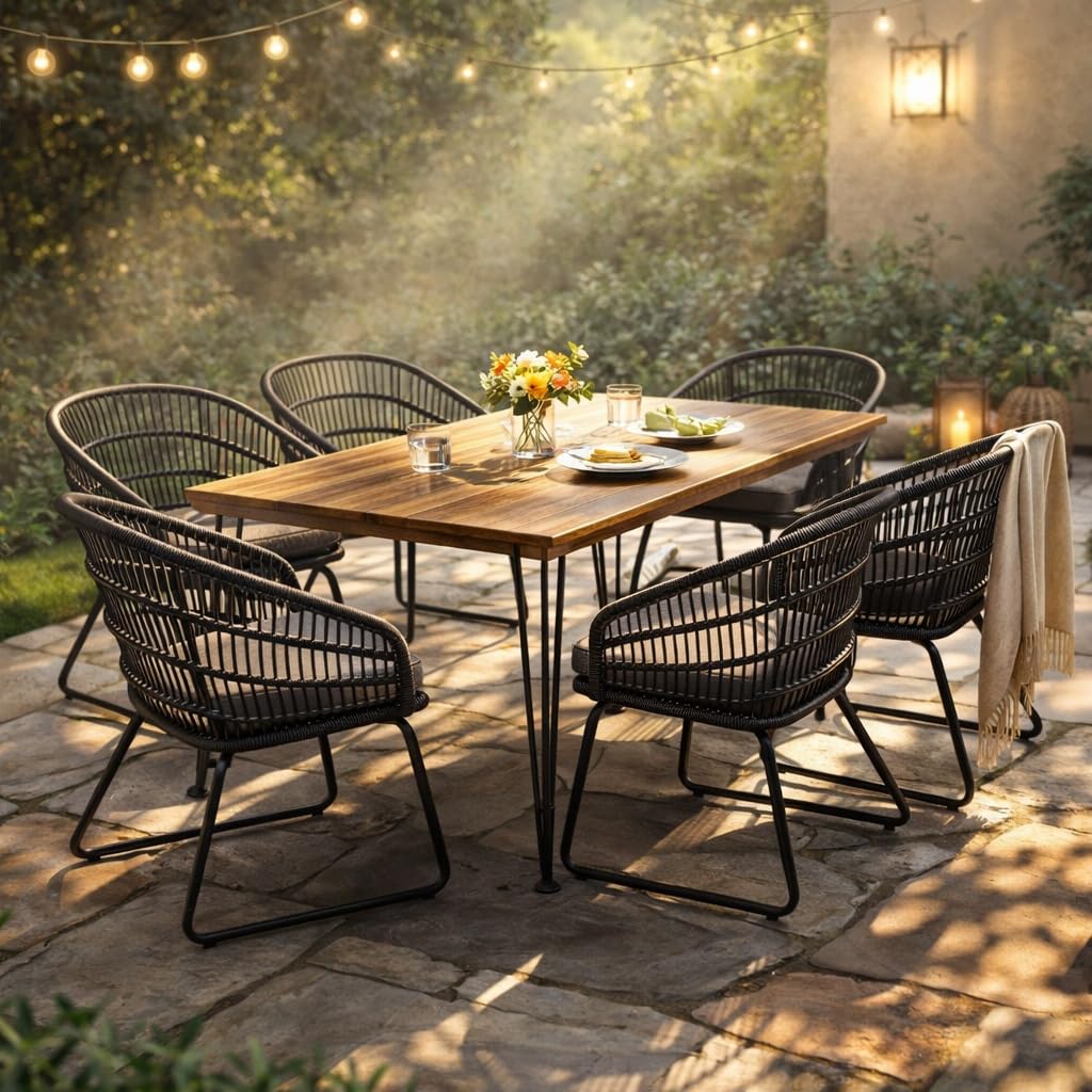 Photo 1 of *** RECOMENDED FOR PARTS/ MISSING PARTS***Christopher Knight Home Terry Acacia Wood Patio Dining Set for 6, Rectangular Patio Dining Table and Faux Rattan Chairs Set of 6, 7 Piece Outdoor Dining Set with Cushion and Iron Frame, Teak+Gray