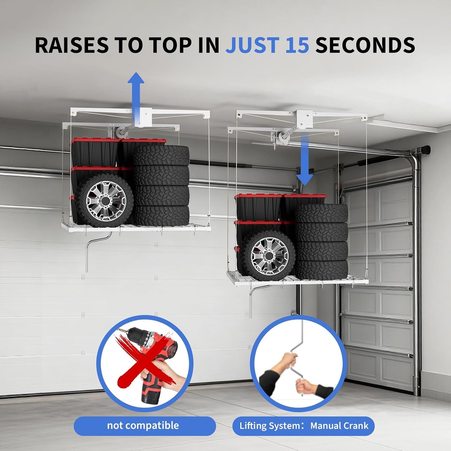 Heavy-Duty Overhead Garage Ceiling Storage Rack – 4x4 ft Adjustable Lift System – 350 lbs Capacity – Smooth Crank – Easy Installation – Space-Saving Metal Organizer for Clutter-Free Garage
