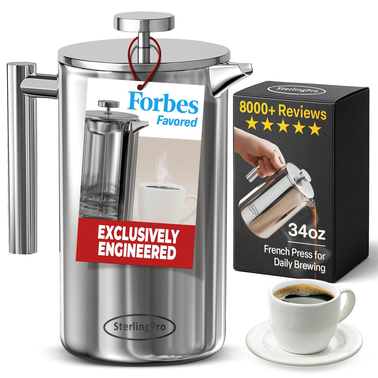 SterlingPro Französische Kaffeepresse (1 l) Doppelwandig, Groß, Edelstahl, Granulatfrei, Geschenkidee, Geld-zurück-Garantie