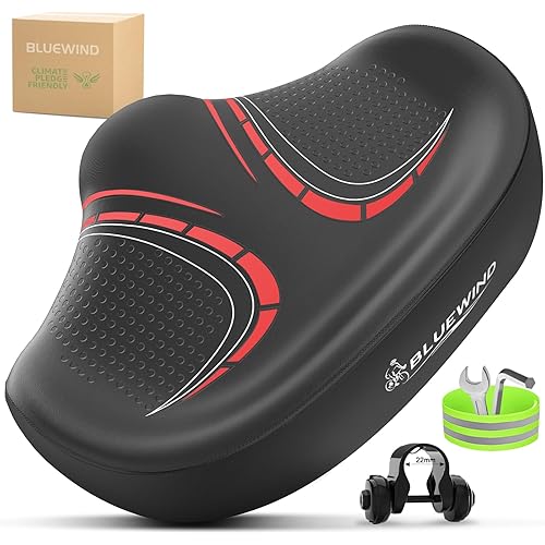 BLUEWIND New Noseless Oversized Bike Seat, Wide Bicycle Saddle Novel Backrest Design for Electric Bike, Universal Fit Exercise Bike or Road Stationary Bike Seat Cushion for Men & Women
