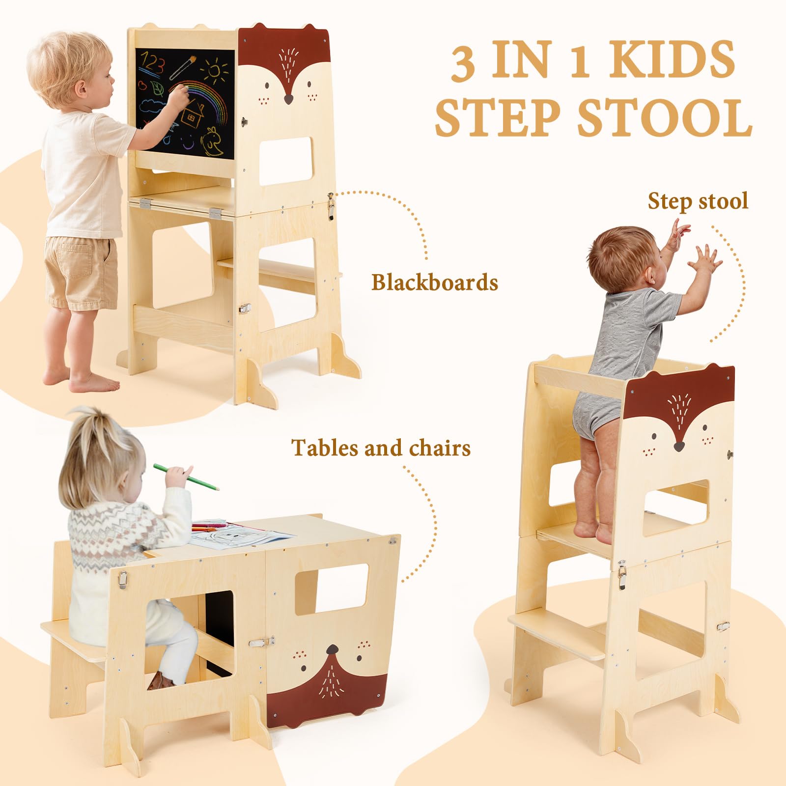 labebe Lernturm ab 1 Jahr， klappbar Montessori Learning Tower | 3 in 1 Montessori Lernturm Kinder mit Message Boards ab 1 Jahr aus Holzwerkstoff