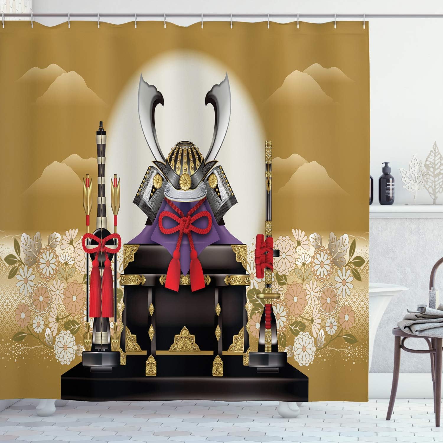 Ambesonne Japanese Shower Curtain, Antique Ornamental Box of Archer with Gear and Arrows with Flowers at Sunset, Cloth Fabric Bathroom Decor Set with Hooks, 69" W x 75" L, Yellow Black