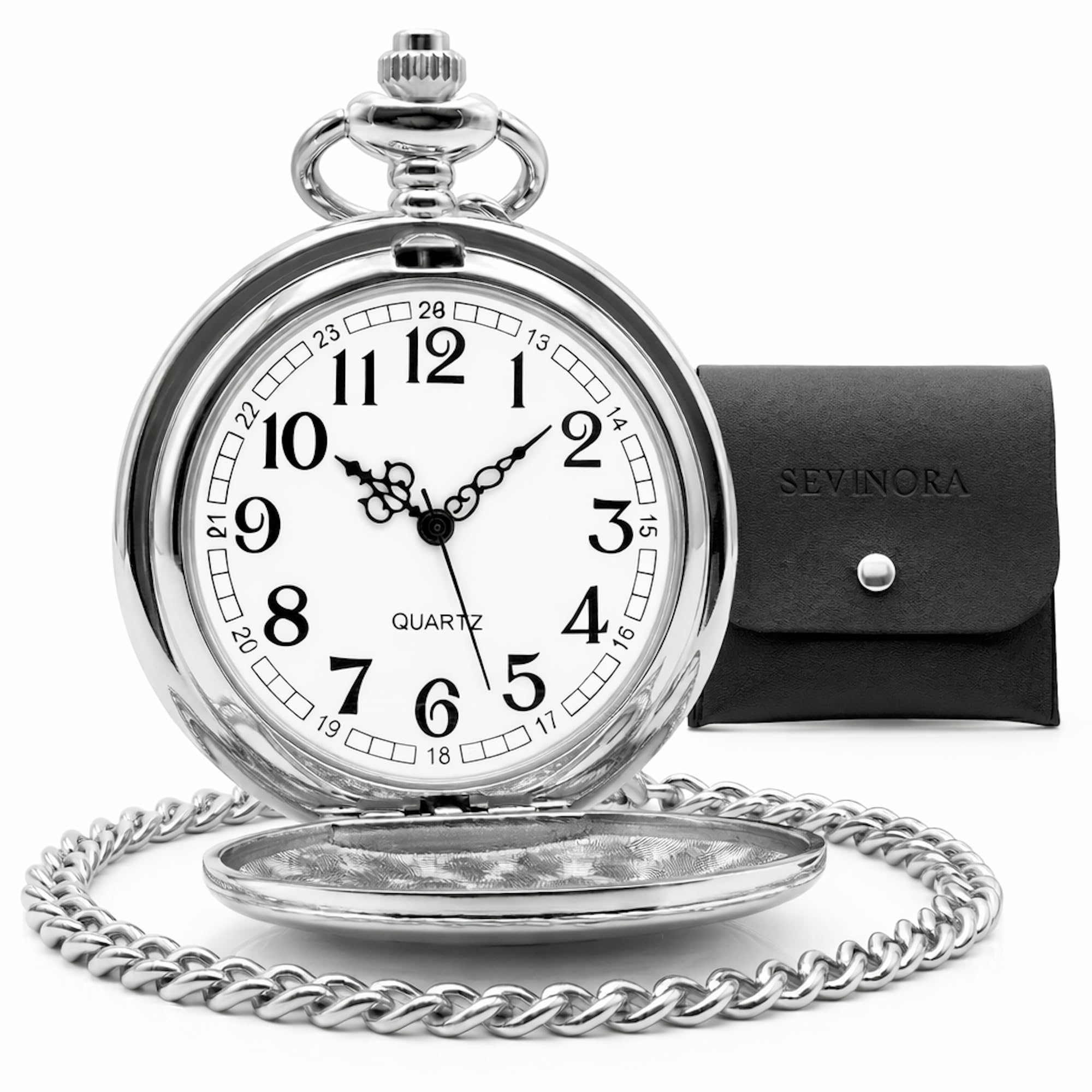 Taschenuhr Vintage – Glattes Gehäuse mit Innen-Gravur – Präzises Quarzwerk – Klassische Uhr mit 37cm Clip-Kette – Römische Zahlen – Retro Geschenk für Herren & Damen inkl. Etui