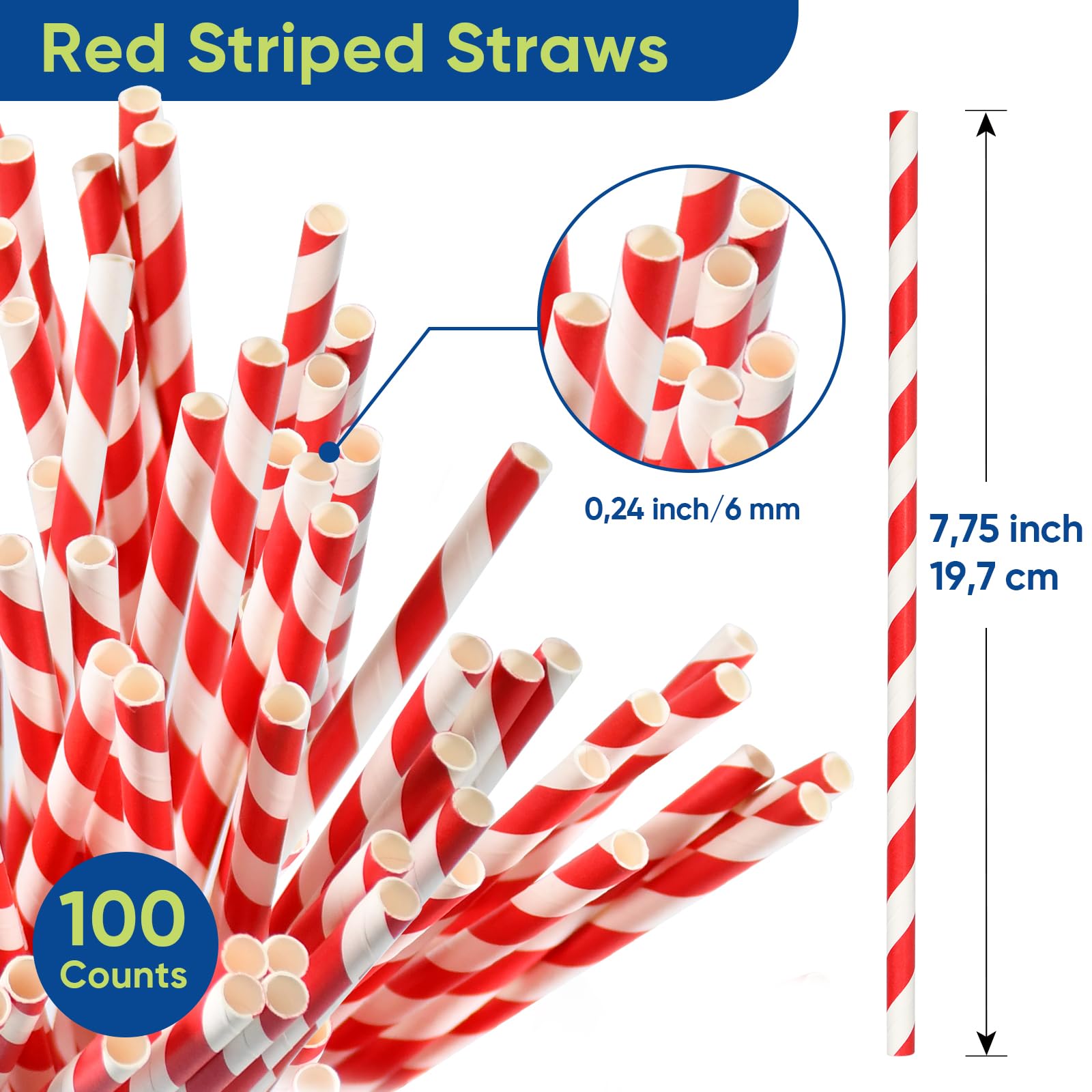 Lives on Green 19.7 cm Red/White Striped Paper Straws Organic Pack of 100 - for Drinks Cocktails, Decoration, Party, Crafts - Image 3