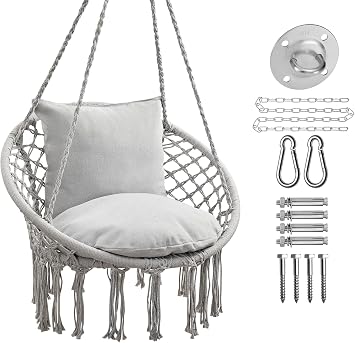 JoyView Macrame Hammock Chair Hanging Swing Chair Max 330 Lbs with 2 Cushions and Hardware Kits for Indoor Outdoor Bedroom Patio Garden - Light Grey