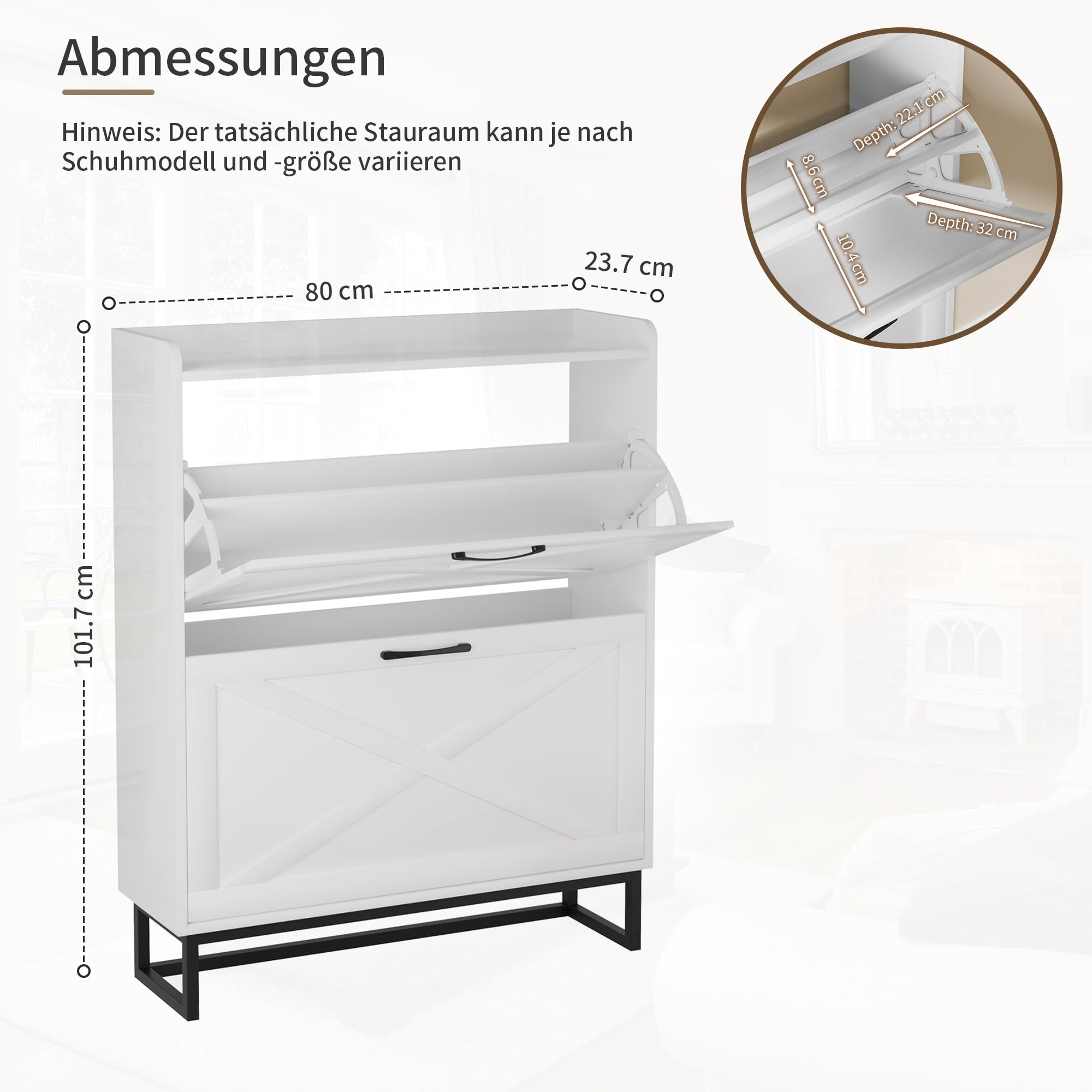 BonVache Schuhschrank schmal, Schuhkipper mit 2 Klappen, Schuhregal mit 4 Ablageflächen für Flur, Schuhkommode mit Metallfüßen, Schuhaufbewahrung Holz, 80x23,8x101,7 cm, Weiß