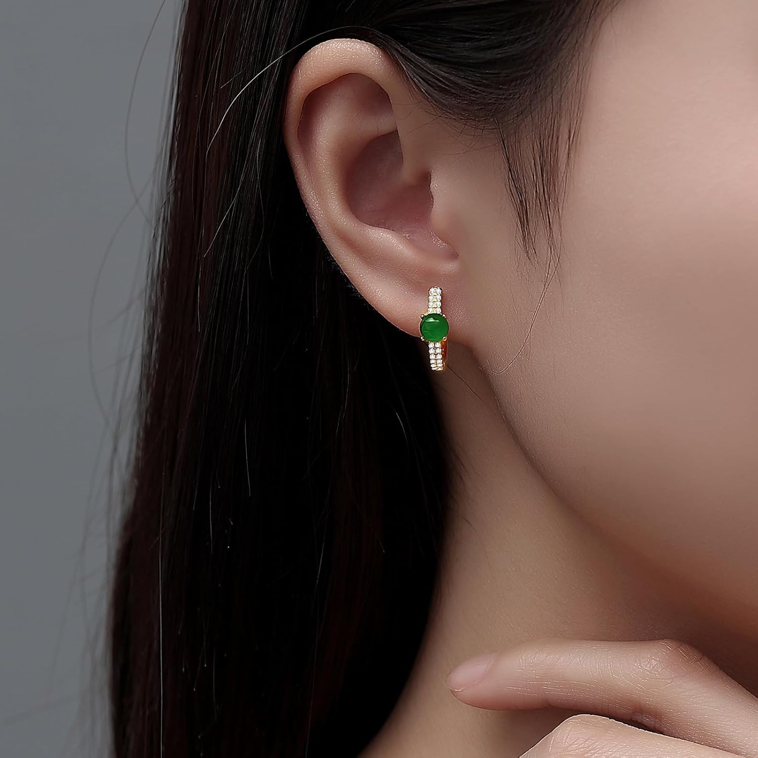 MRW Jade Huggie Hoop Earrings For Women 925 Sterling Silver Gold Plated Green Stone with CZ Accents - Image 2