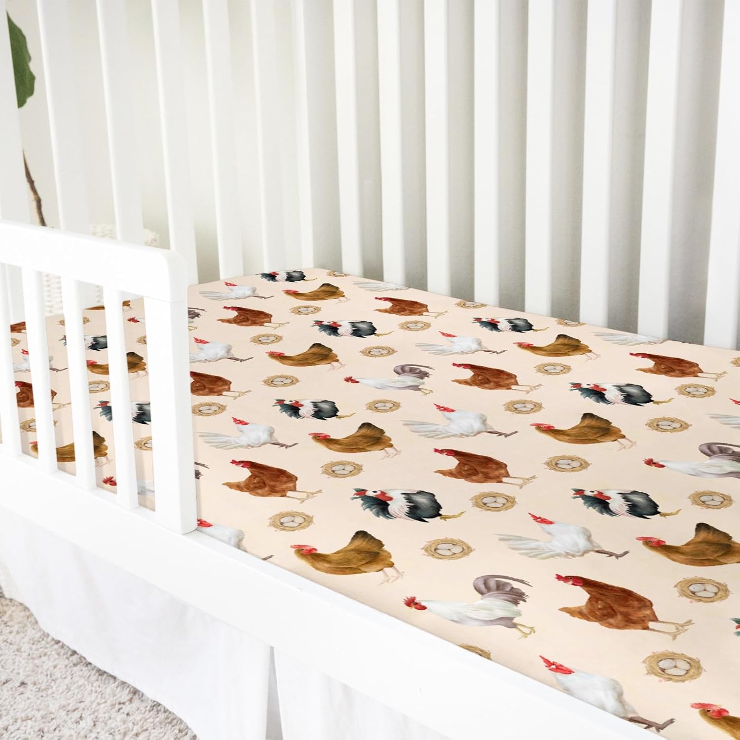 Farm Hens Roosters Baby Crib Sheet 52''x28'' Farmhouse Chicken Eggs Snug Fitted Crib Mattress Cover for Boy Girl Watercolor Farm Birds Soft Baby Sheets for Standard Crib Toddler Mattress Cover