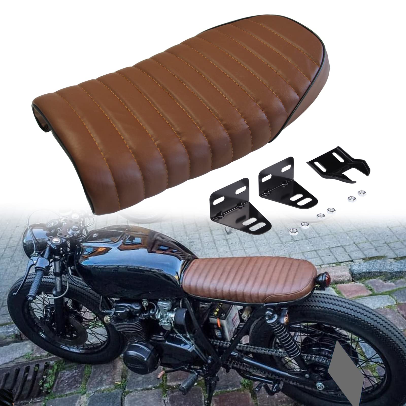 DREAMIZER Motorcycle Vintage Cafe Racer Seat PU Leather Compatible with CX500 KZ400 KZ650 KZ750 TU250X GS450 GS750 GS1100 R75 R90 XJ550 XJ650 RoadRunner - Flat,Brown Line