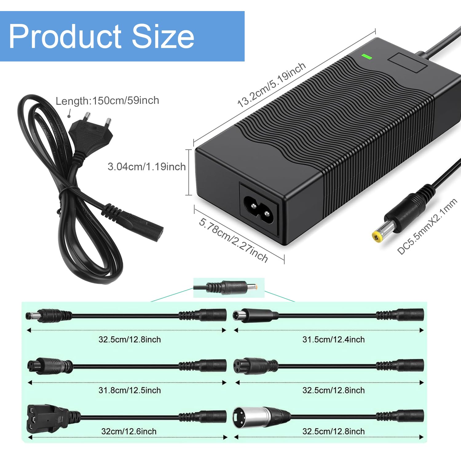 Chargeur de Trotinette Électrique 42V 2A (avec 6 Connecteurs), Compatible avec Hoverboard,Ninebot,Xiaomi, Vélo électrique, Adaptateur d'alimentation pour Batterie Lithium 36V