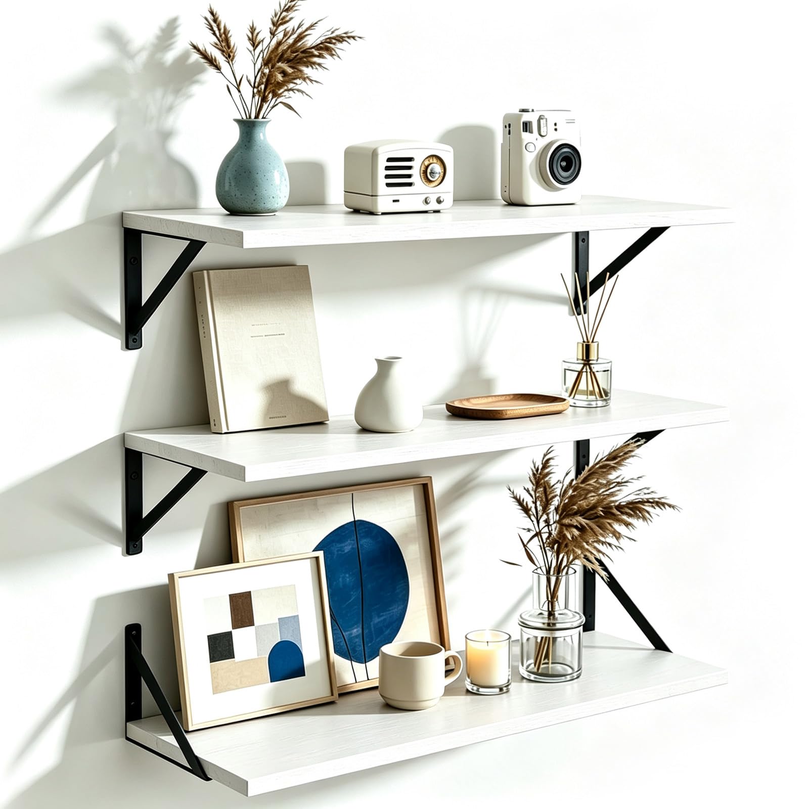 White Long Shelves for Wall 60 x 20cm, Bedroom Wooden Book Shelf 3pc