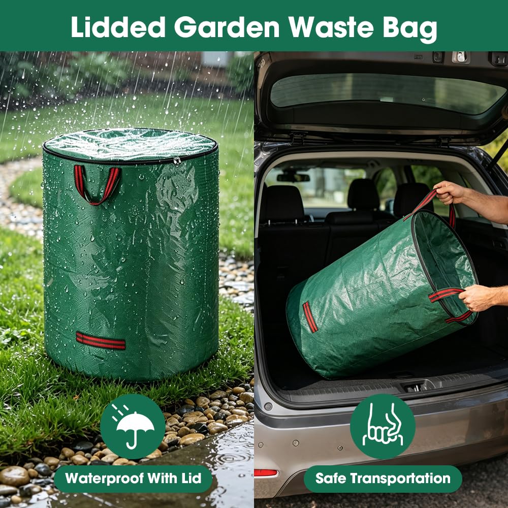 3 sacos de basura de jardín, 120 L, con tapa y asas, bolsas de basura de jardín, estables para residuos de jardín, bolsas de corte verde para césped, hojas, setos, residuos de jardín