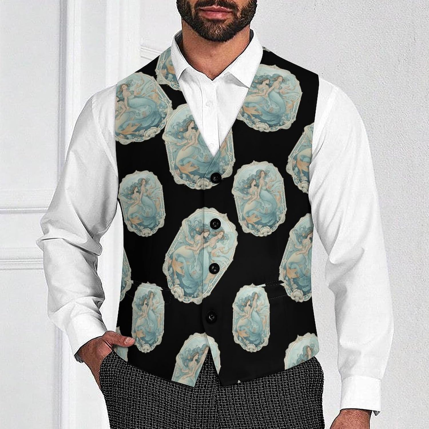 Two Mermaids Swimming Suit Vest for Men Slim Fit Business Dress Waistcoat for Suits Tuxedo