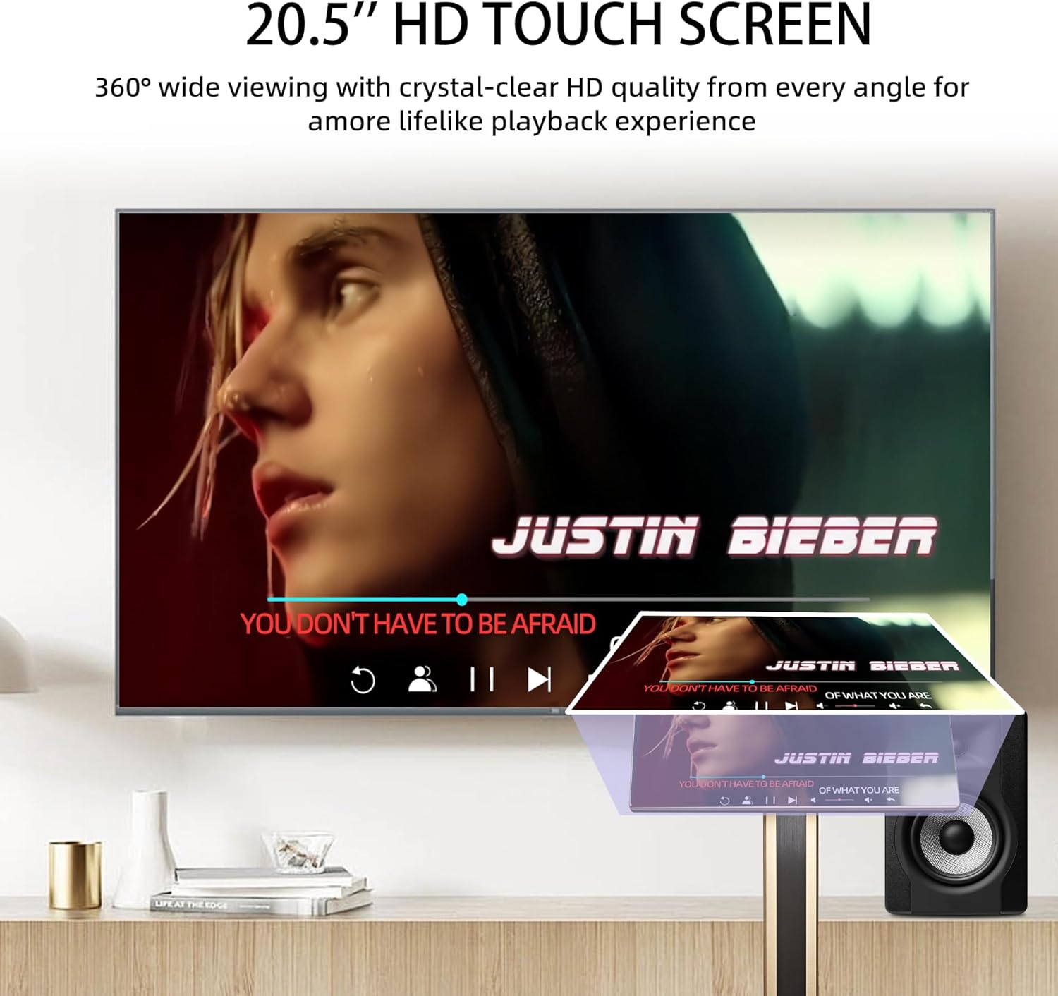 Close-up of the 20.5 inch HD touchscreen displaying a music video with lyrics