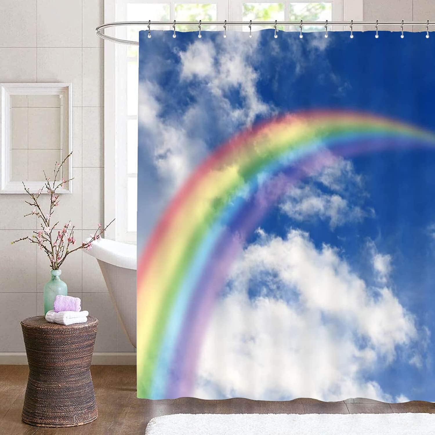 Rainbow Shower Curtain Decor Blue Sky White Cloud Landscape Bathroom Curtain Polyester Curtains Decor 70×90 in with Hook