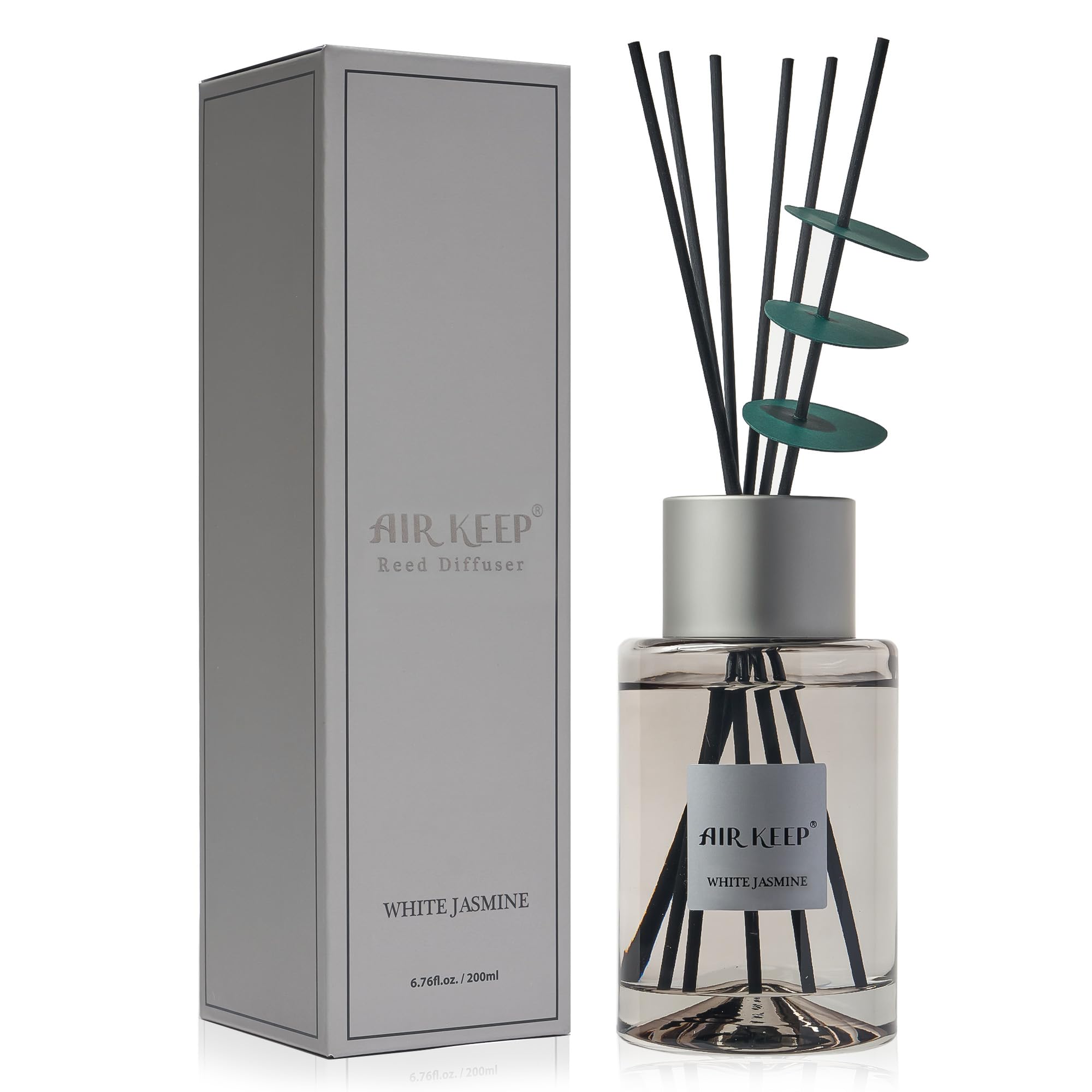 Airkeep Reed Diffuser/Grey Reed Diffuser Set/6.7 oz(200ml)/White Jasmine Oil Diffuser & Reed Diffuser Sticks/Home Decor & Office Decor, Fragrance and Gifts