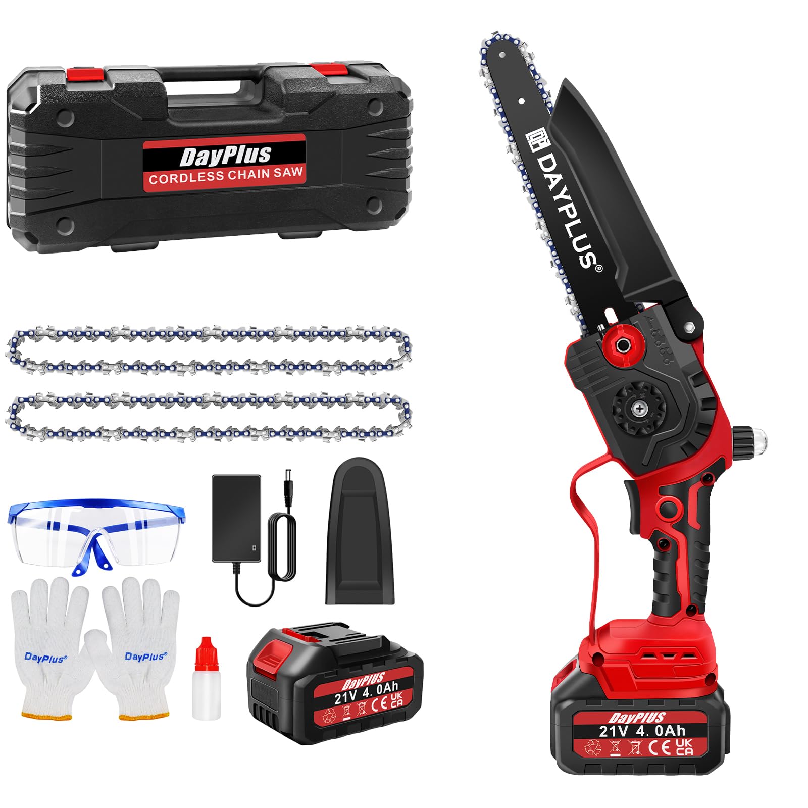 Mini tronçonneuse sans fil sans fil de 20,3 cm - Mini tronçonneuse portable avec batterie - 5600 tr/min - Longueur de coupe : 18 cm - 2 chaînes, 1 plaque de guidage - 2 batteries de 4,0 Ah