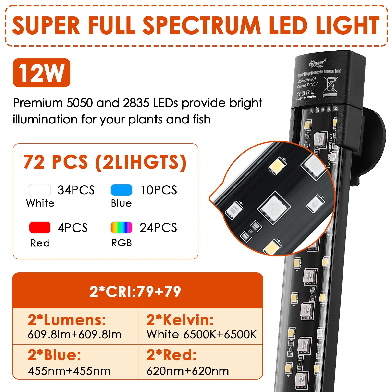 hygger Zweikanal-Tauch Submersible Aquarium Beleuchtung,12W Full Spectrum LED Aquarium Lamp mit 7 Farben und Einstellbarer Helligkeit, Fish Tank Light mit Drei Perlenreihen für 15-60L Tanks(2)