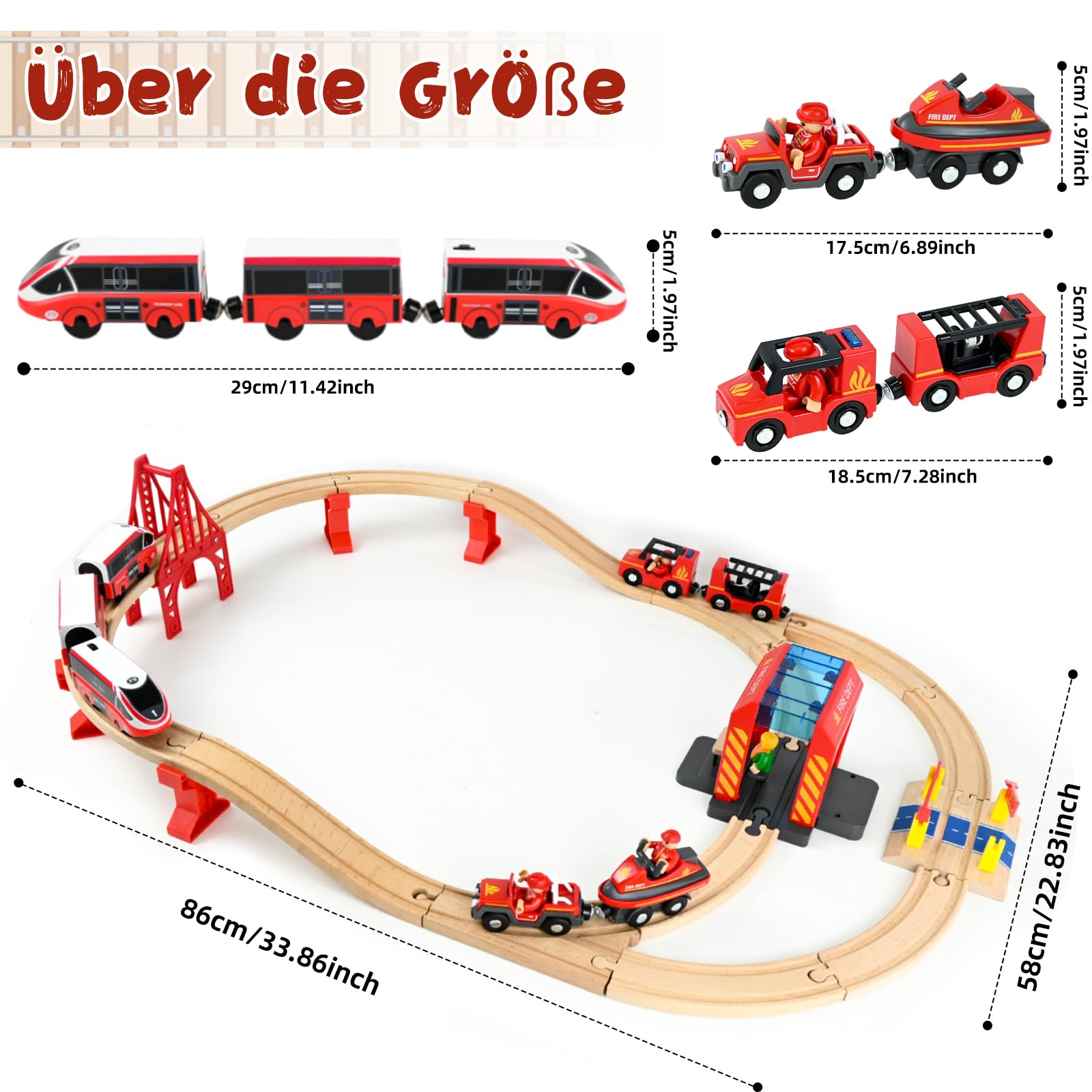 Ulikey Holzeisenbahn Set Kinder, 58 Teiliges Holzeisenbahn Schienen und Zug Spielzeug, Modelleisenbahn-Set mit Elektrische Lok und Feuerwehr, Spielzeugeisenbahn-Set Geschenk für Jungen und Mädchen