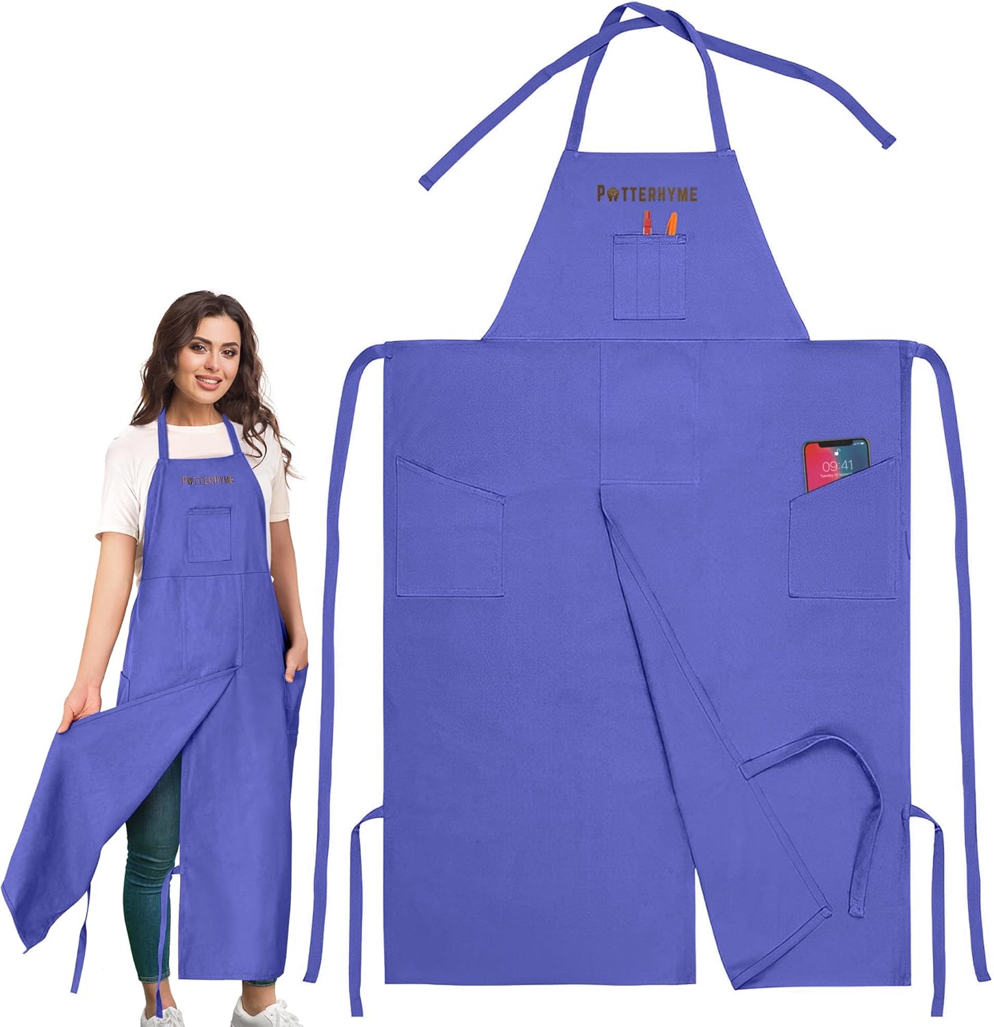 Full Coverage Pottery Apron Split Leg - 100% Cotton Canvas Potter's & Ceramics Aprons with Pockets for Women & Men