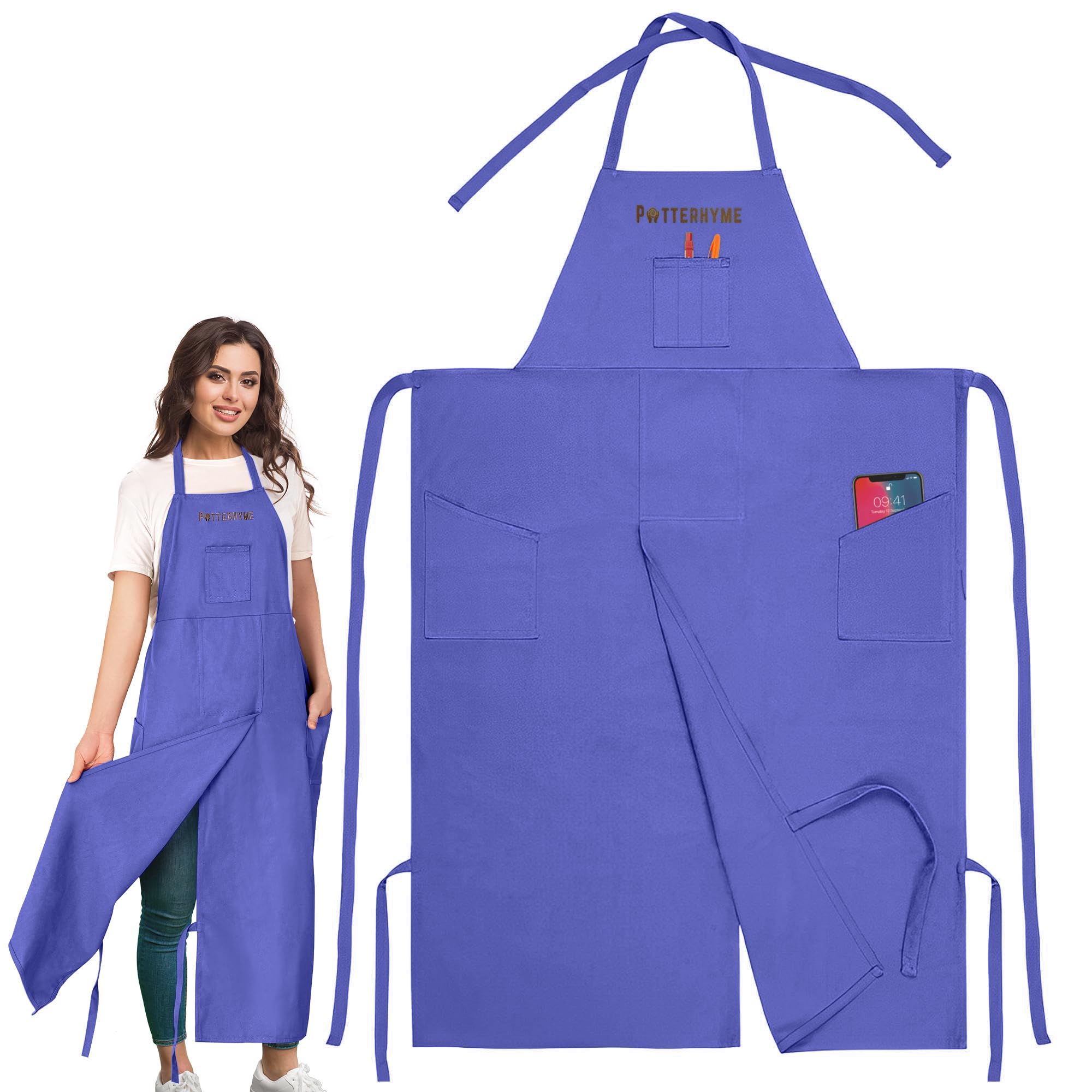 Potterhyme Full Coverage Pottery Apron Split Leg - 100% Cotton Canvas Potter's & Ceramics Aprons with Pockets for Women & Men, Voilet, Adjustable