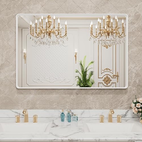 Miniatura 45 de LOAAO - Espejo de tocador para baño con marco de metal negro mate de 24 x 32 pulgadas para pared, rústico, rectangular, grande, redondeado