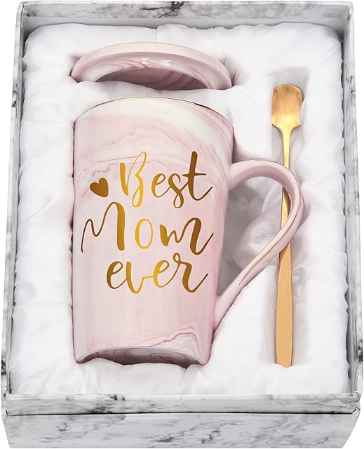 Livole Birthday Gifts for Mum, Mama, Mom Funny Christmas Gifts Coffee Mugs for Mother, Mothers Day Gifts, Best Mom Ever, 14oz Ceramic Marble Coffee Mug Tea Cup With Lid, Gold Spoon and Gift Box, Pink
