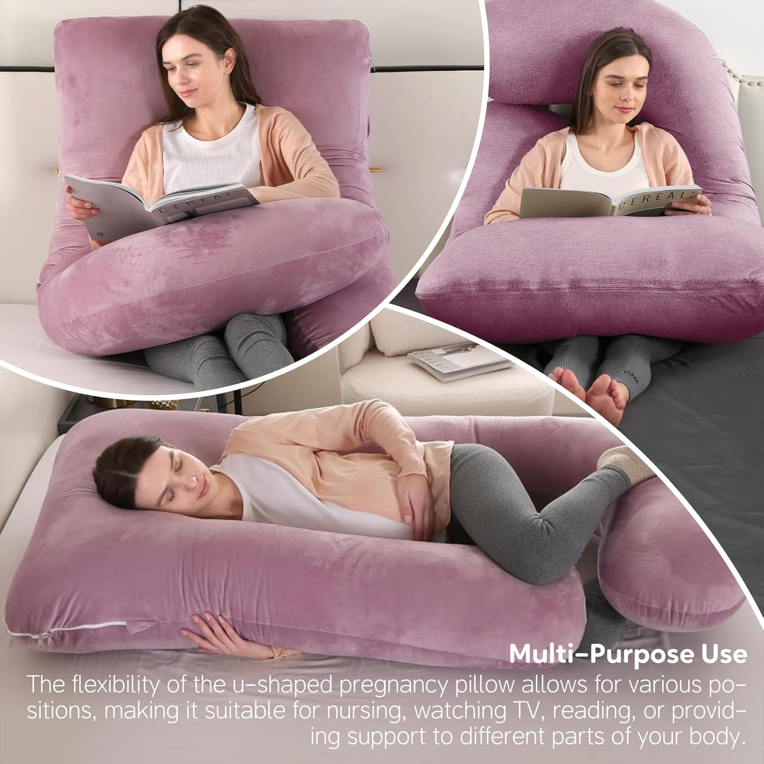 U-Shaped Pregnancy Pillow for Sleeping, Full Body Support for Back, HIPS & Belly -65 Inch Maternity Pillow with Machine Washable Cover | Maternity Essential (Velvet Pink-65inch)