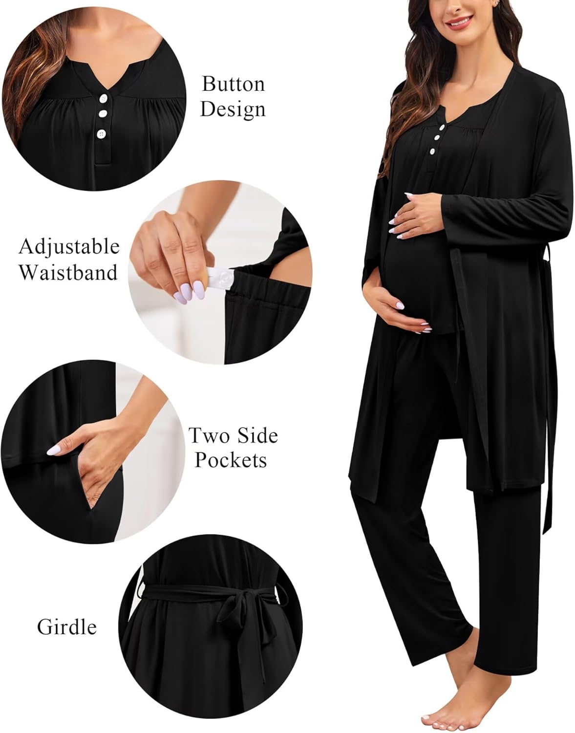 SWOMOG Maternity Nursing Pajamas Sets 3 PCS Women Postpartum Pajama Breastfeeding 3 in 1 Labor Delivery Button Pregnancy Pjs - Image 4