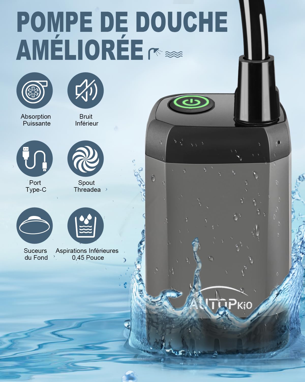 AUTOPkio Douche Camping Portable, Douche Extérieure Améliorée avec Batterie Rechargeable 6000mAh Pompe, Affichage Numérique Intelligent pour Plage, Randonnée, Lavage de Voiture