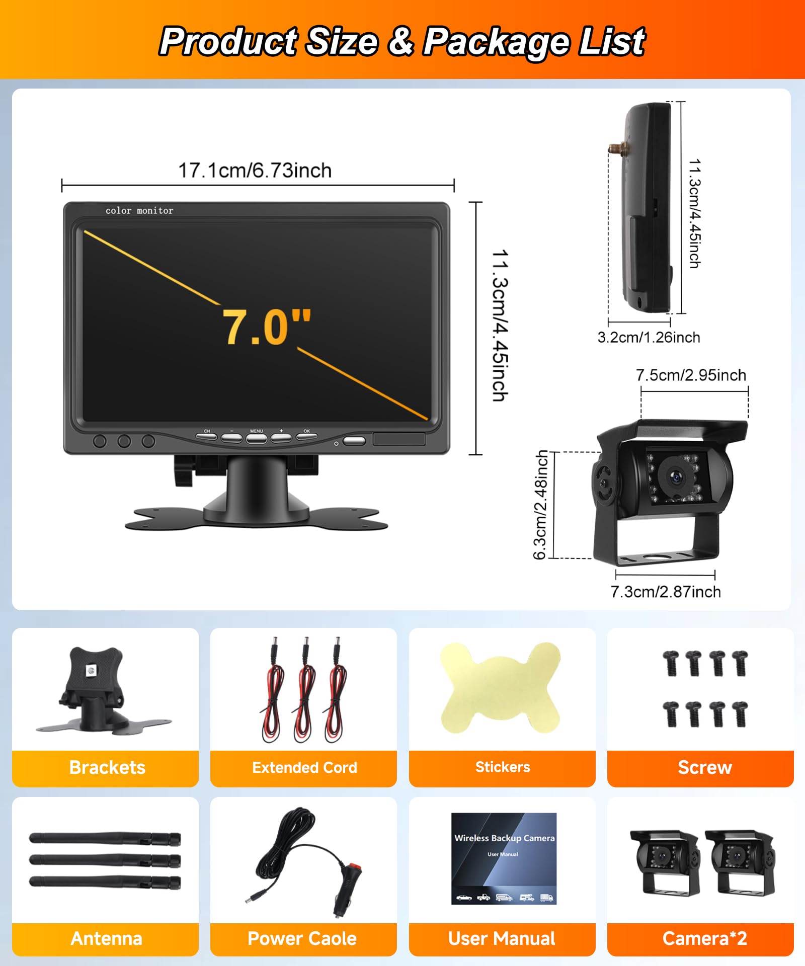 VECHTEL 2*Telecamera posteriore wireless con IPS monitor da 7 pollici,schermo diviso in 4 parti/assistenza al parcheggio,telecamera posteriore AHD IP68 per visione notturna per SUV,camion camper