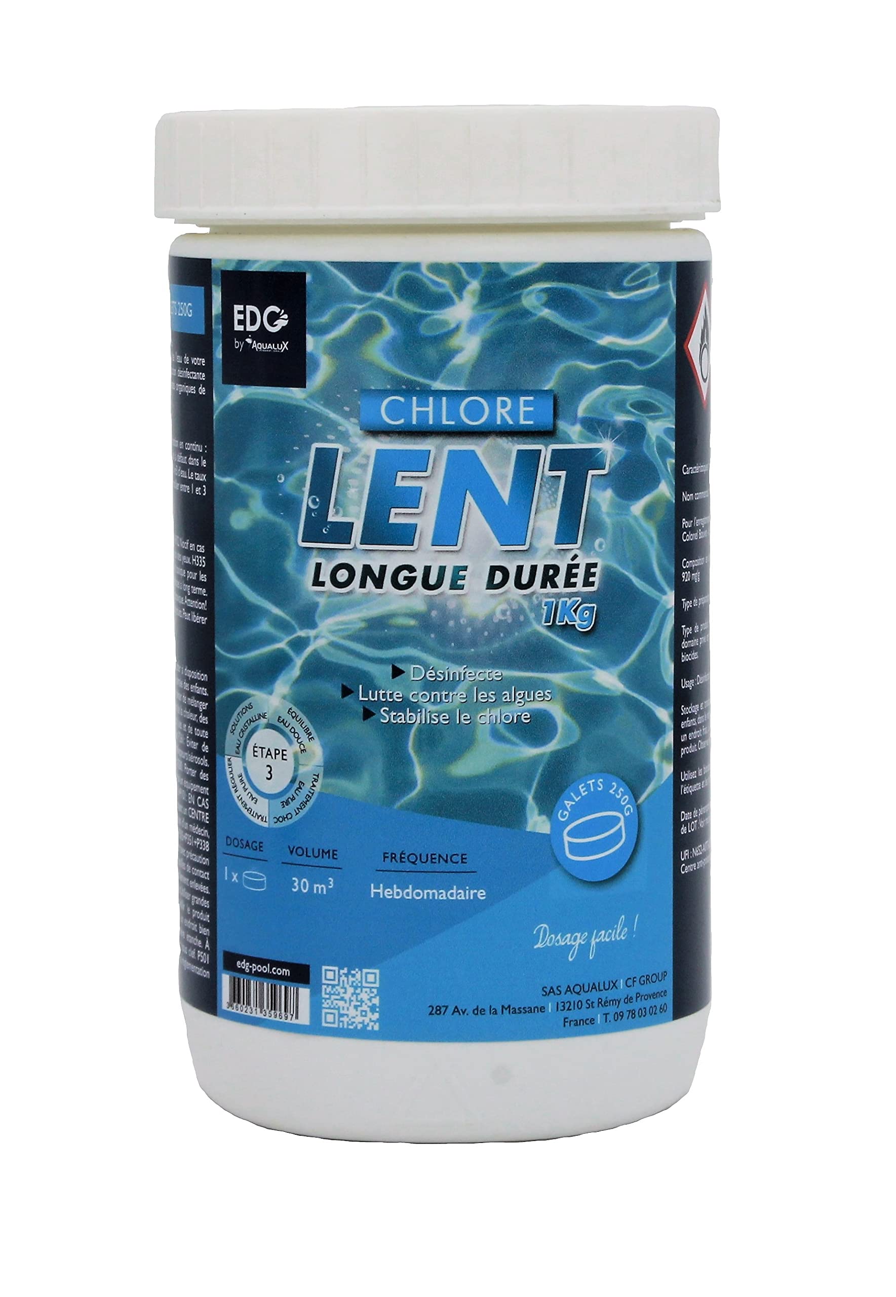 EDG by AQUALUX Chlore Lent Galets 250g - 1kg | Chlore Lent Stabilisé - Désinfection Régulière - Dissolution Lente + 10 Tests HPS OFFERTS 6 en 1