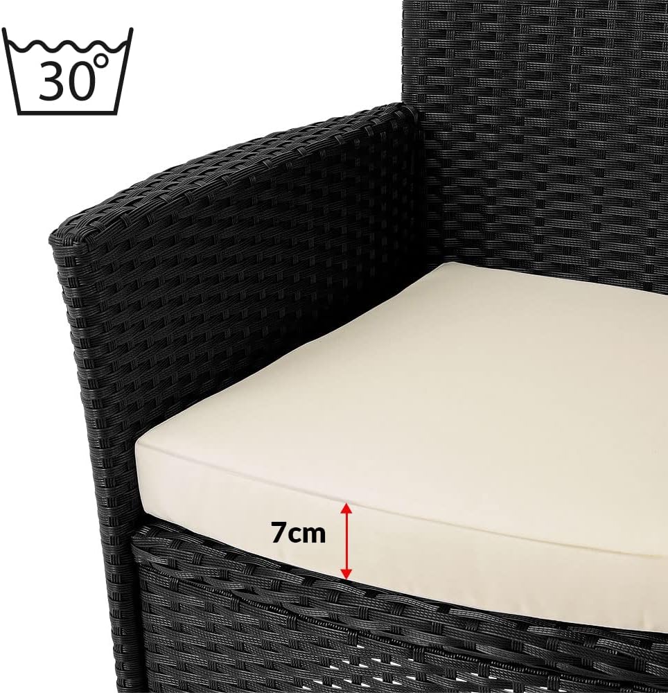 Close-up of a cushion showing its 7cm thickness and a washing symbol indicating 30°C.