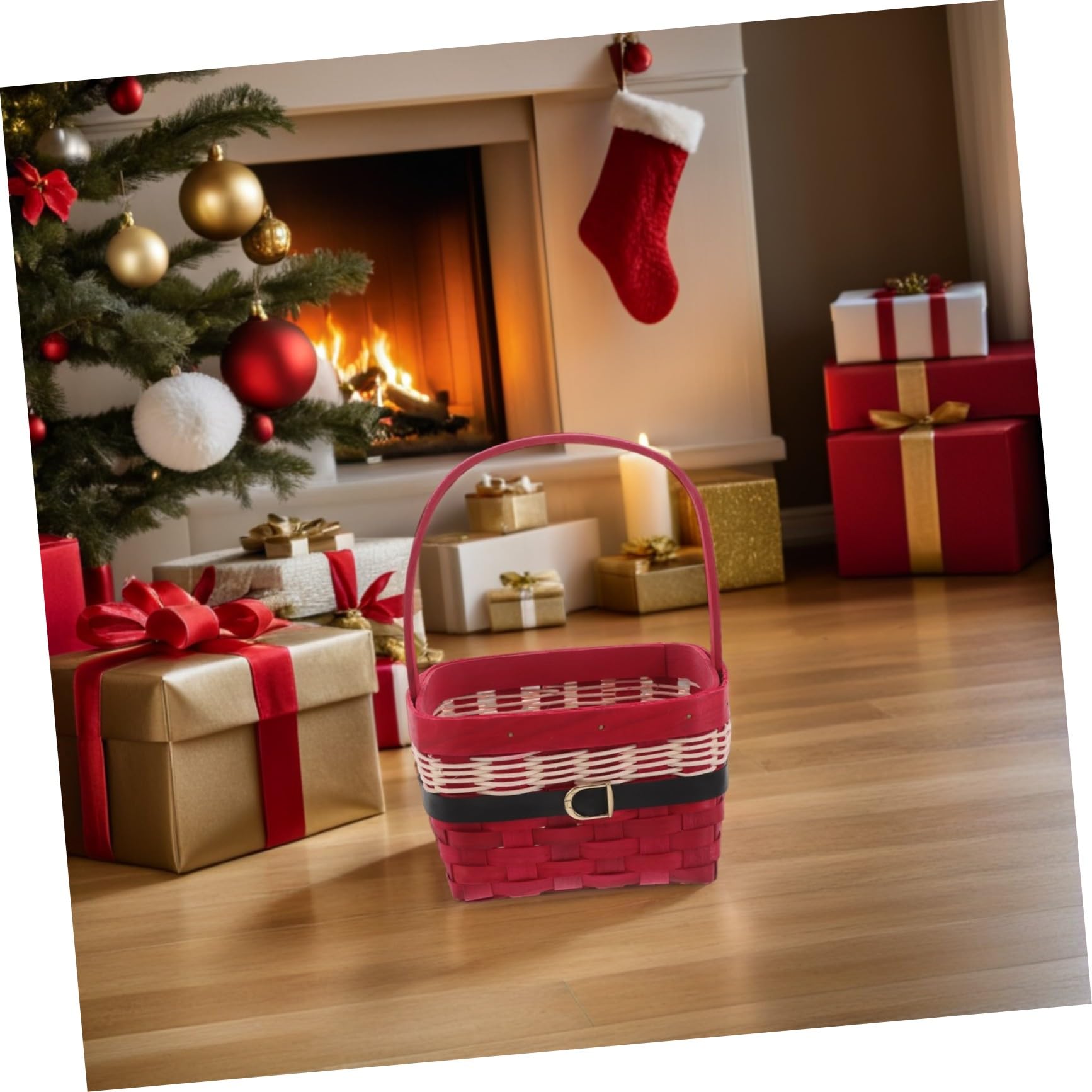 Cesta Navideña Decorativa Cuadrada Tejida Mano con Asa Organizador Portátil para Frutas y Regalos Cesta de Almacenamiento Resistente para Mesa y Despensa
