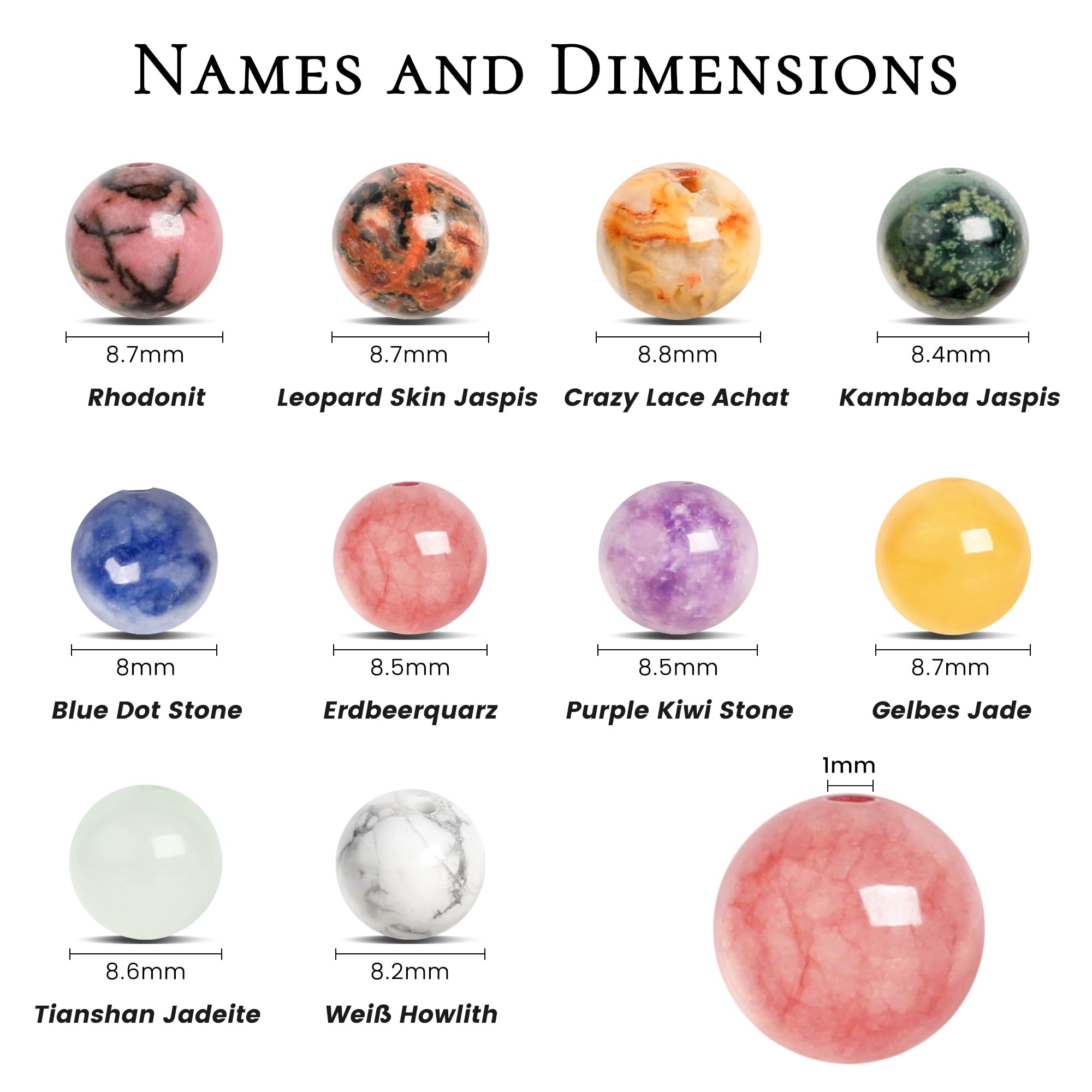SOSMAR 200 Cuentas Redondas de Piedras Naturales 8mm para Joyería - 10 Tipos (Cuarzo Fresa, Ágata de Encaje Loco, Howlita Blanca) - Pulseras, Collares, DIY Manualidades (estilo D)