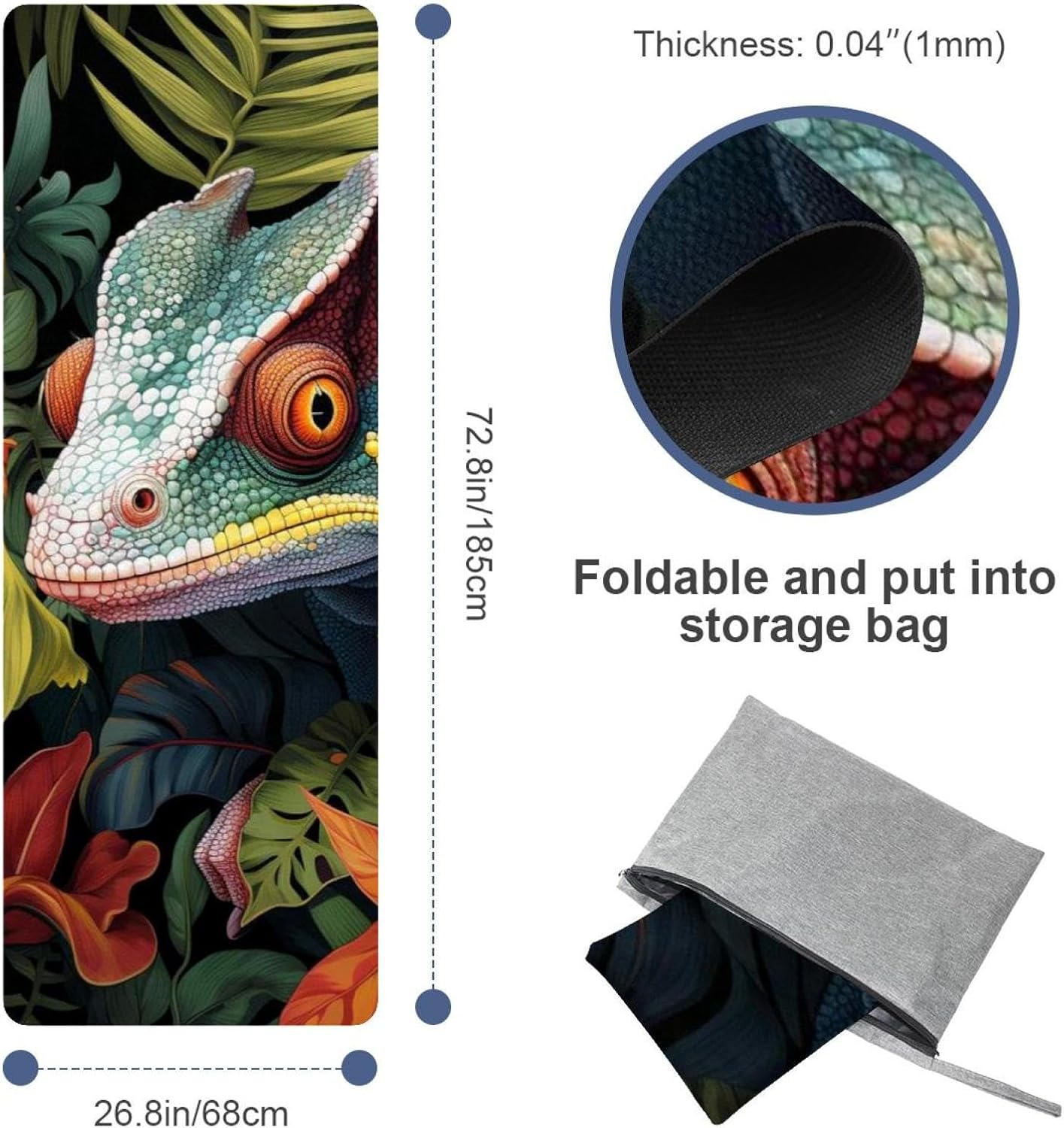 Yoga Towel, Chameleon Lizard Pattern Non Slip Sweat Absorbent Hot Yoga Mat Towel for Hot Yoga, Pilates and Fitness - 72.8" x 26.8"